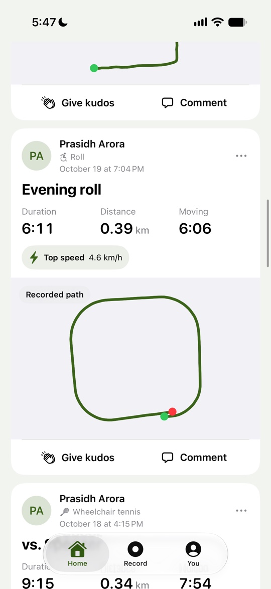 The Push for Gold community feed: an evening roll by Prasidh Arora with duration, distance, moving time, top speed and the recorded path, with kudos and comment buttons.