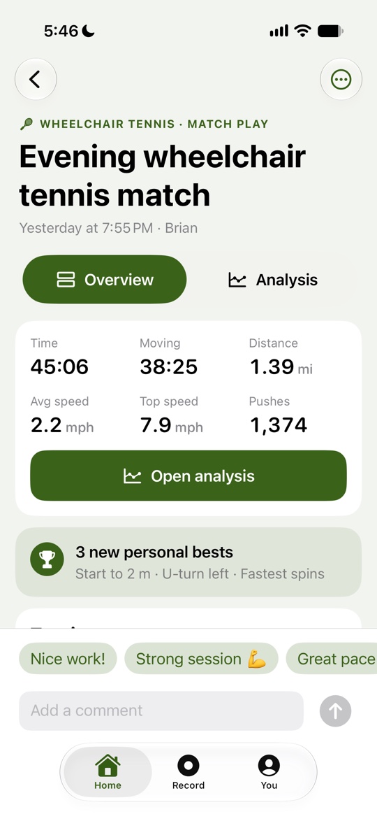 The Push for Gold overview screen for a tennis session, showing duration, distance, top speed and takeaways.