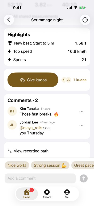 Maya Ortiz's Scrimmage night: a new best start to 5 m of 1.58 s, a top speed of 16.6 km/h and 21 sprints, a Give kudos button with 7 kudos, and two comments. Kim Tanaka: Those fast breaks! Jordan Lee: @maya_rolls see you Thursday.