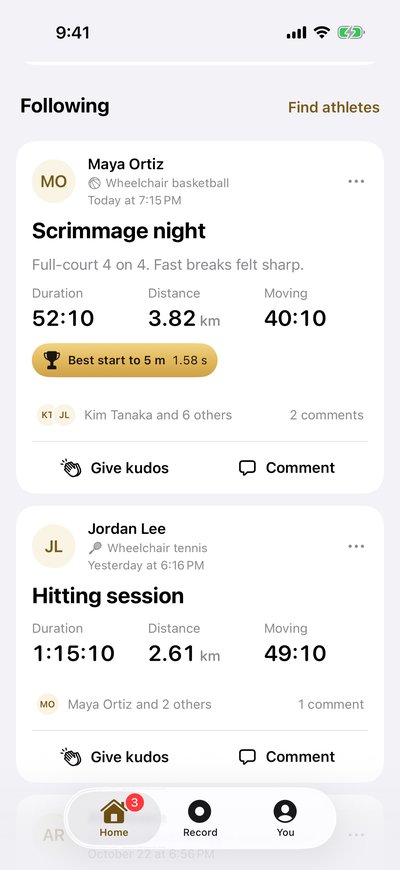 The Following feed. Maya Ortiz, wheelchair basketball, Scrimmage night: full-court 4 on 4, 52:10, 3.82 km, a best start to 5 m of 1.58 s, kudos from Kim Tanaka and 6 others, 2 comments. Below it, Jordan Lee's wheelchair tennis hitting session, each card with Give kudos and Comment buttons.