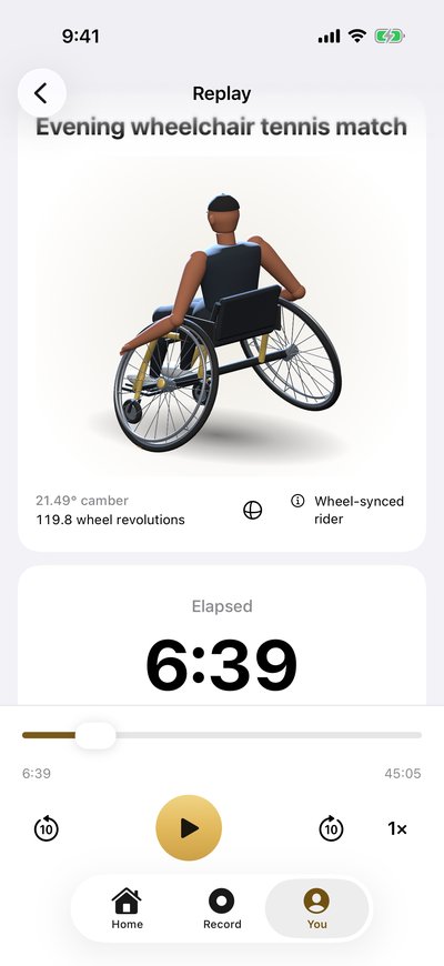 Replay of an evening wheelchair tennis match: a 3D wheelchair and rider, mid-turn, with 21.49° camber and 119.8 wheel revolutions, paused at 6:39 of 45:05 with a scrubber, play and skip buttons.